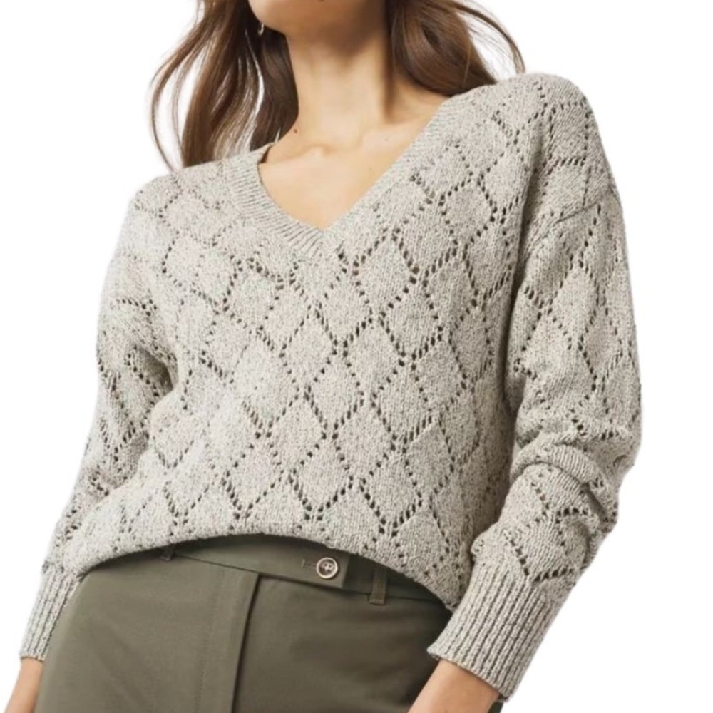 White House Black Market NWT Pointelle Marled Shimmer Knit V-Neck Sweater Size M